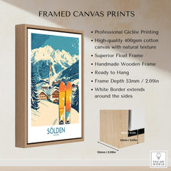 Sölden Ski Poster Austria framed canvas print showcasing skiing scenery and handmade wooden frame.