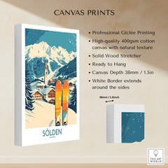 Sölden Ski Poster Austria displayed as a canvas print, featuring vibrant colors and stunning mountain scenery.
