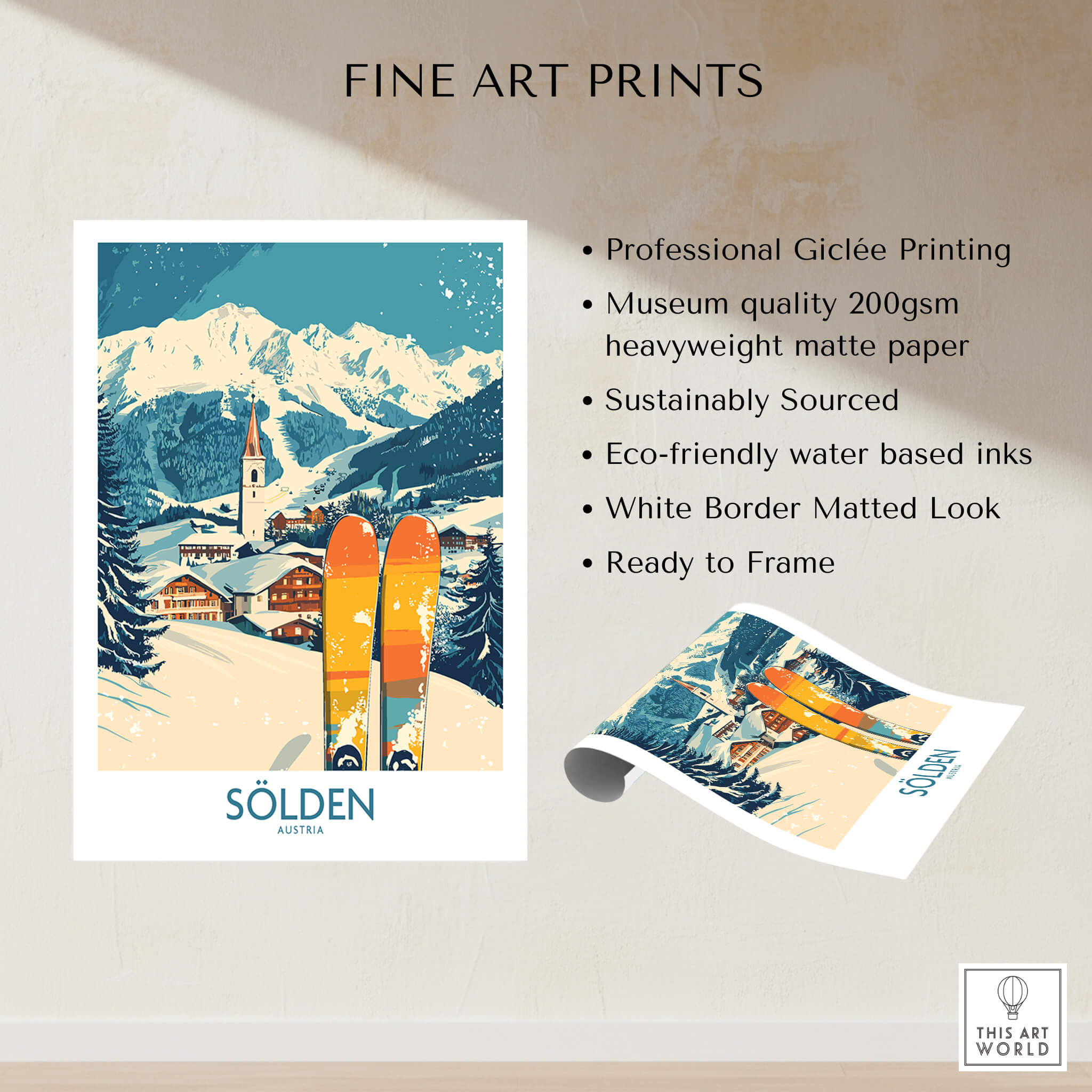 Sölden Ski Poster Austria showcasing skiing beauty in a colorful design with mountains and skis.