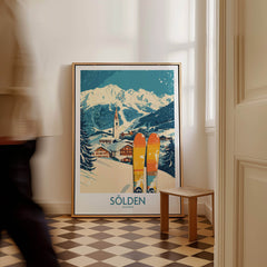 Sölden Ski Poster Austria showcasing skiing in the mountains with vibrant colors, perfect wall art for adventure lovers.