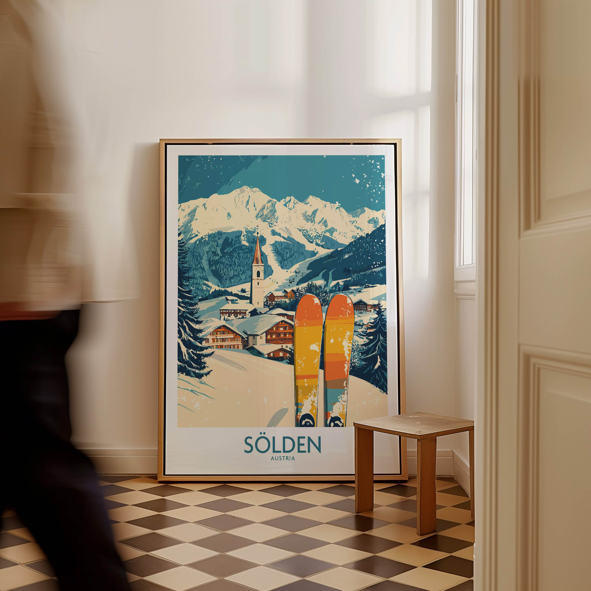 Sölden Ski Poster Austria showcasing skiing in the mountains with vibrant colors, perfect wall art for adventure lovers.