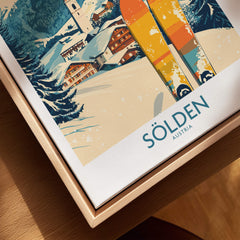 Sölden Ski Poster Austria featuring vibrant skis and a snowy mountain backdrop.