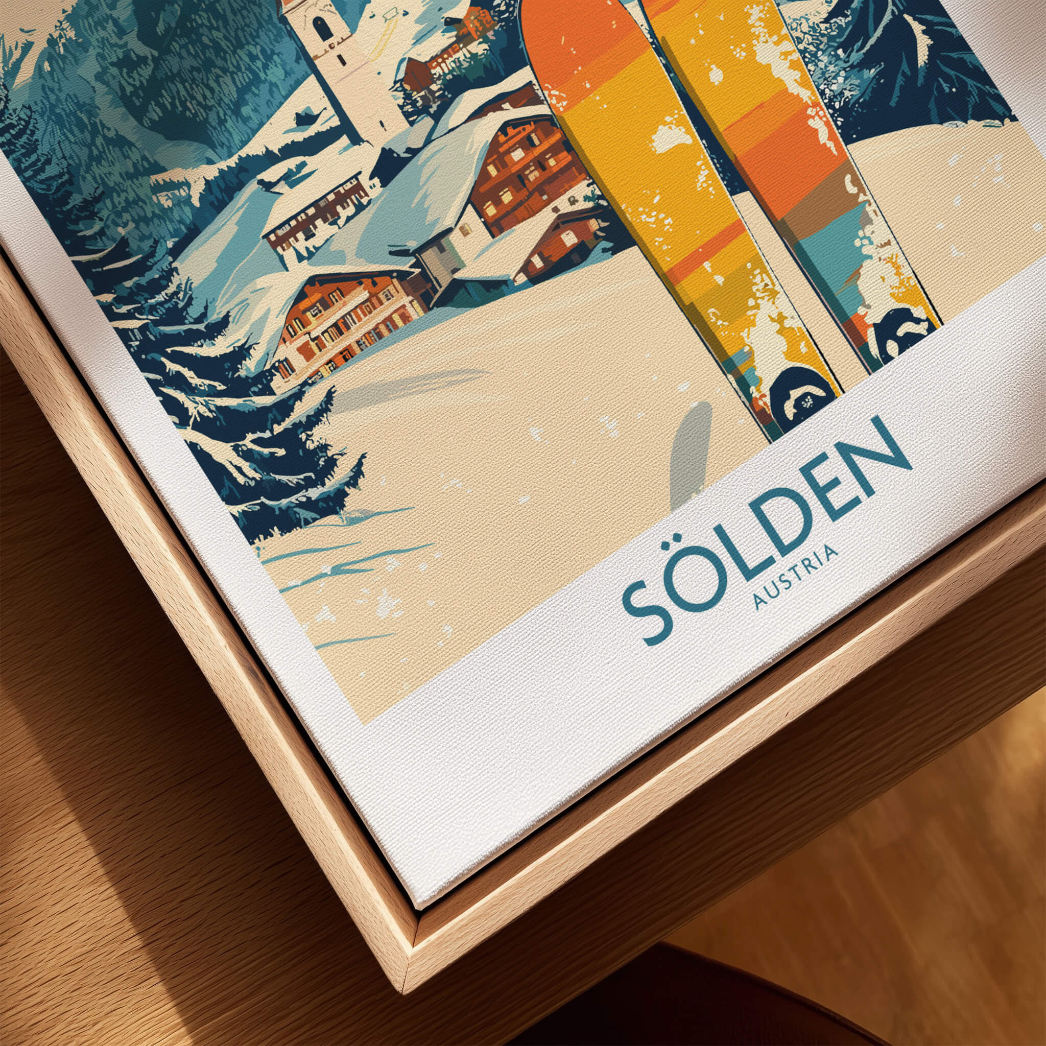 Sölden Ski Poster Austria featuring vibrant skis and a snowy mountain backdrop.