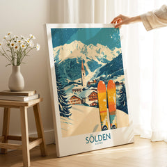 Sölden Ski Poster Austria featuring beautiful mountain scenery and colorful skis, perfect wall art for ski lovers.