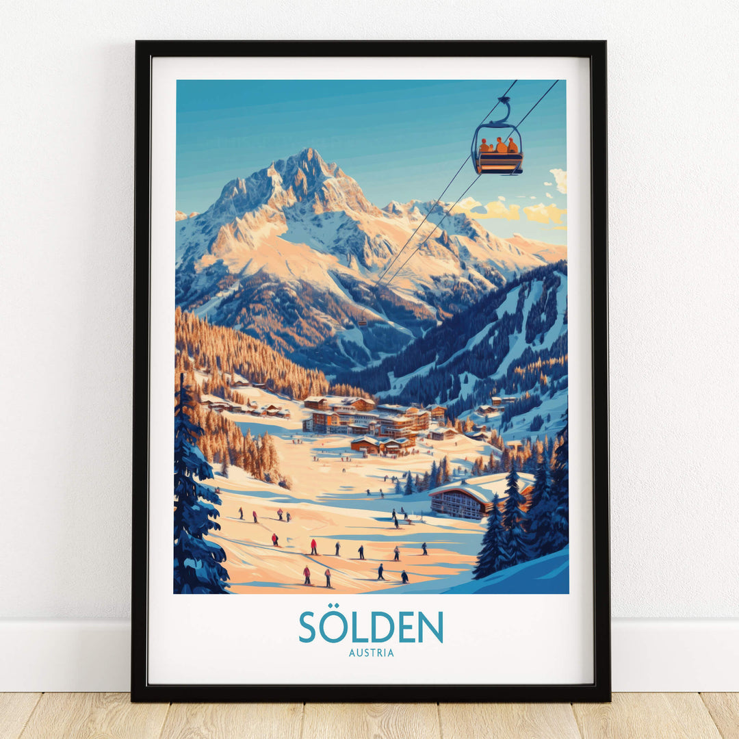 Sölden Ski Wall Art Poster featuring stunning imagery of Austria's ski destination with mountains and skiers.