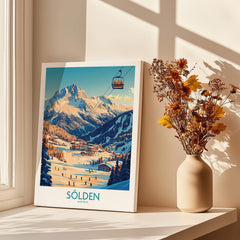 Sölden Ski Wall Art Poster showcasing a scenic view of Austria's mountains and ski slopes.