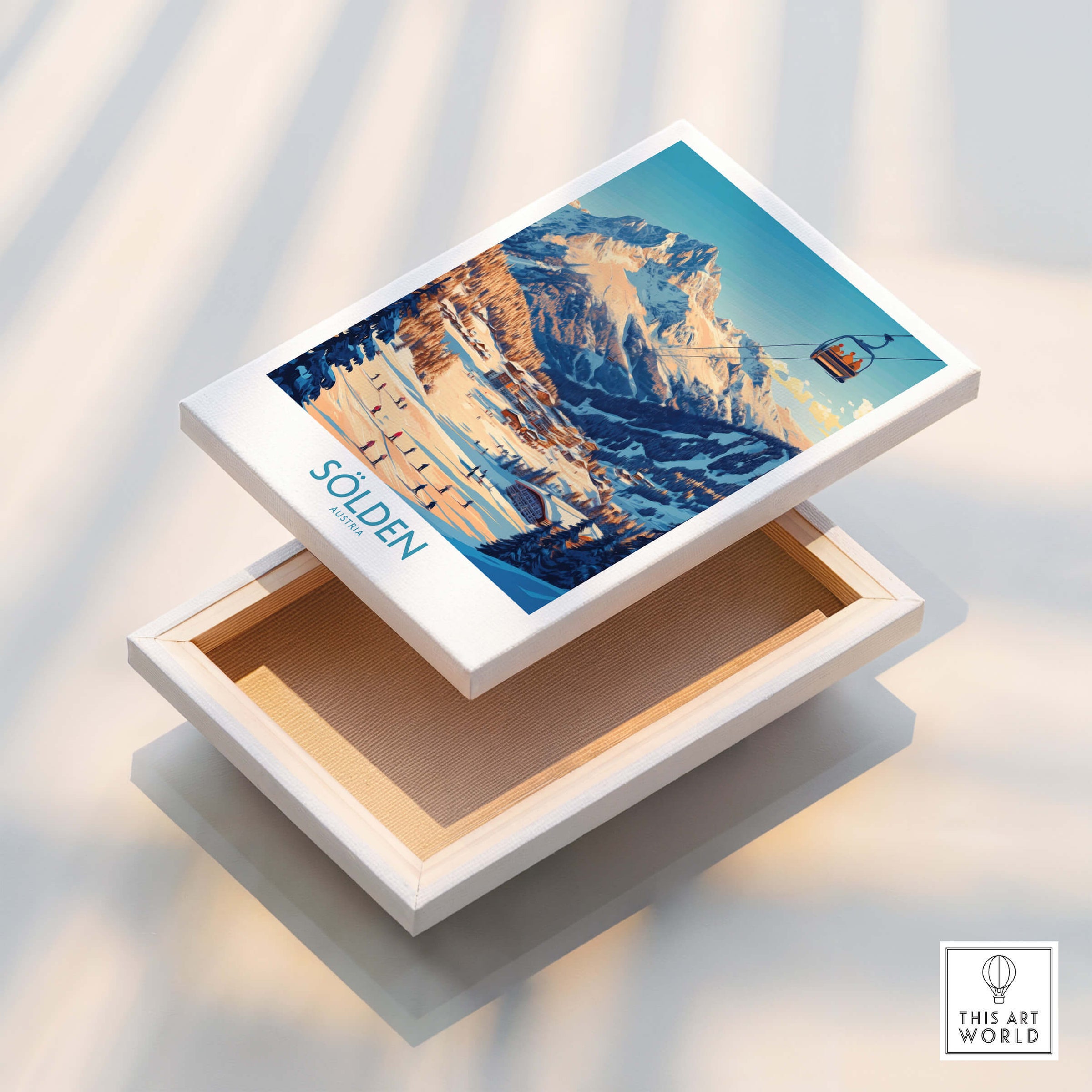 Sölden Ski Wall Art Poster showcasing stunning Austrian ski landscapes on a stylish box.
