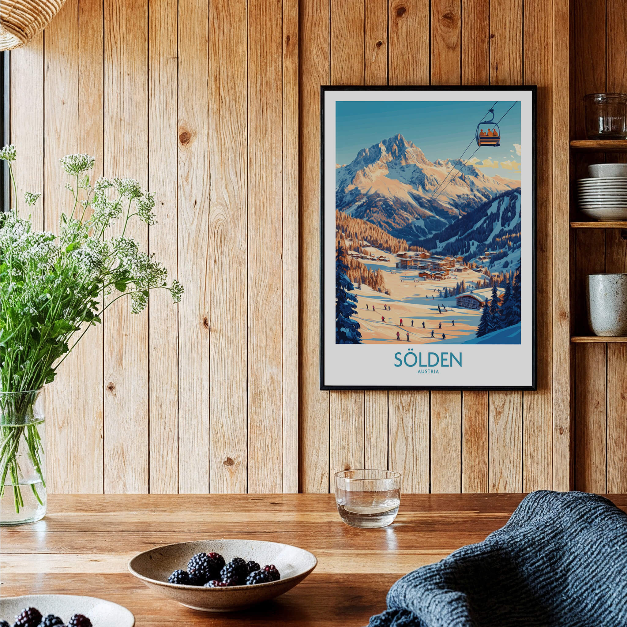 Sölden Ski Wall Art Poster showcasing stunning winter landscape of Austria with skiers and a gondola.