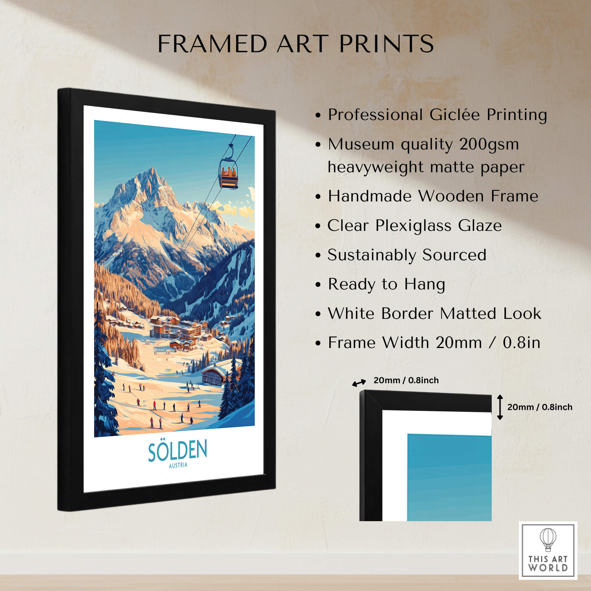 Sölden Ski Wall Art Poster framed, showcasing stunning imagery of Austria's ski destination.