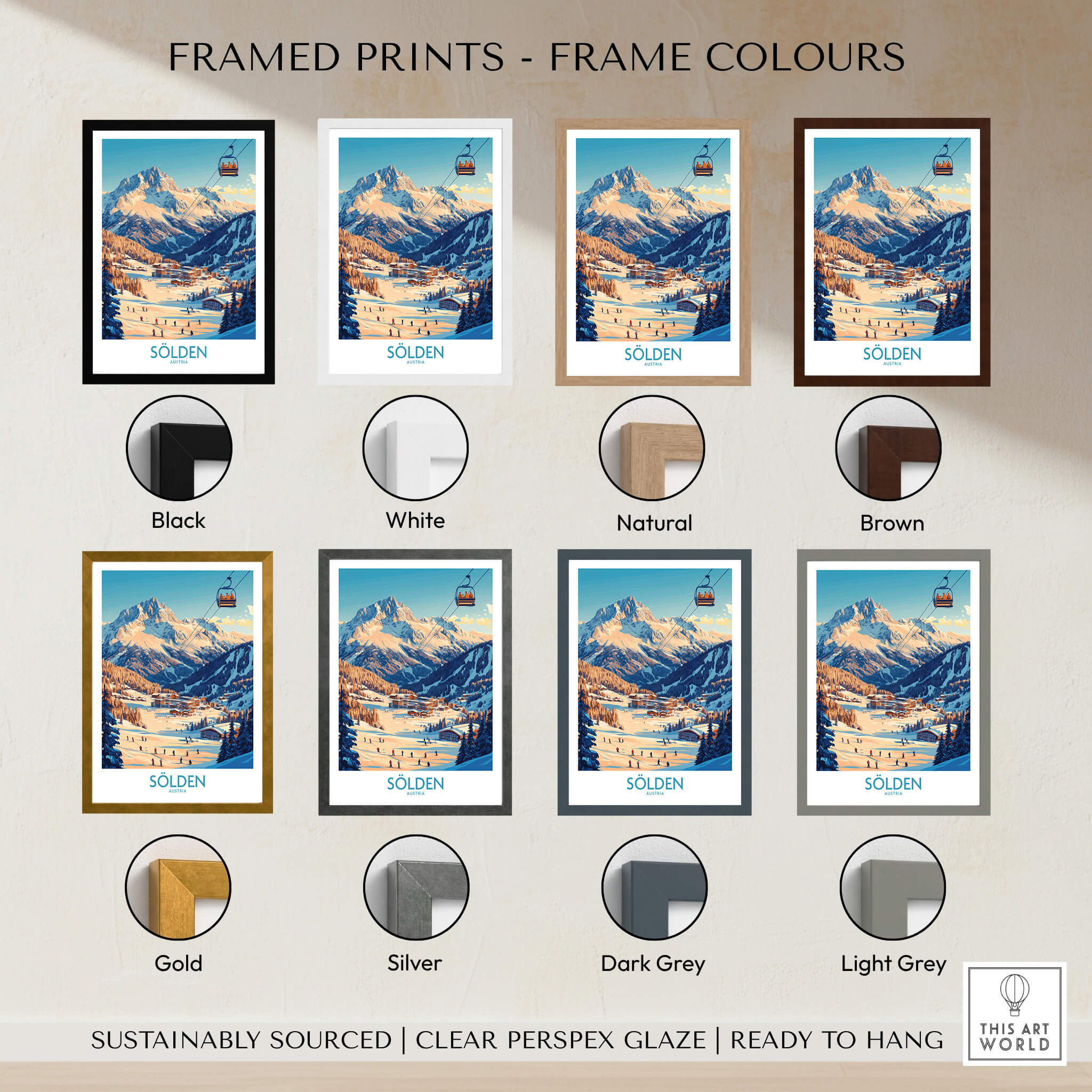 Framed prints of Sölden Ski Wall Art Poster in various colors including black, white, natural, and brown.