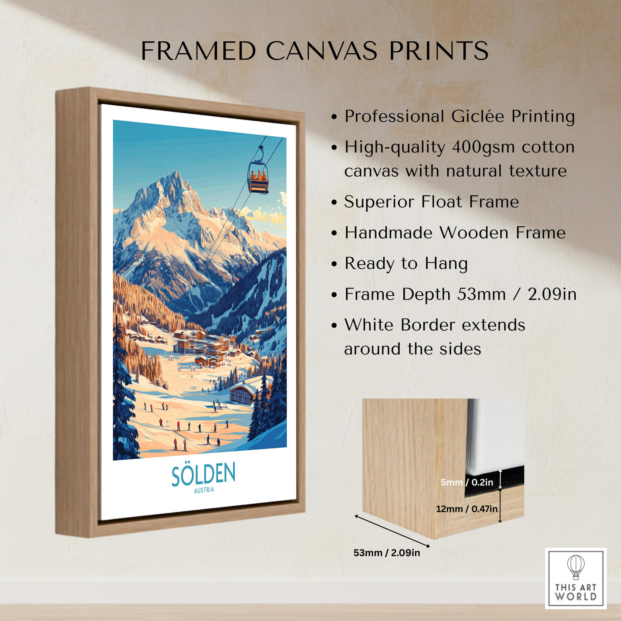Sölden Ski Wall Art Poster framed in a wooden frame showcasing Austria's stunning ski scenery.