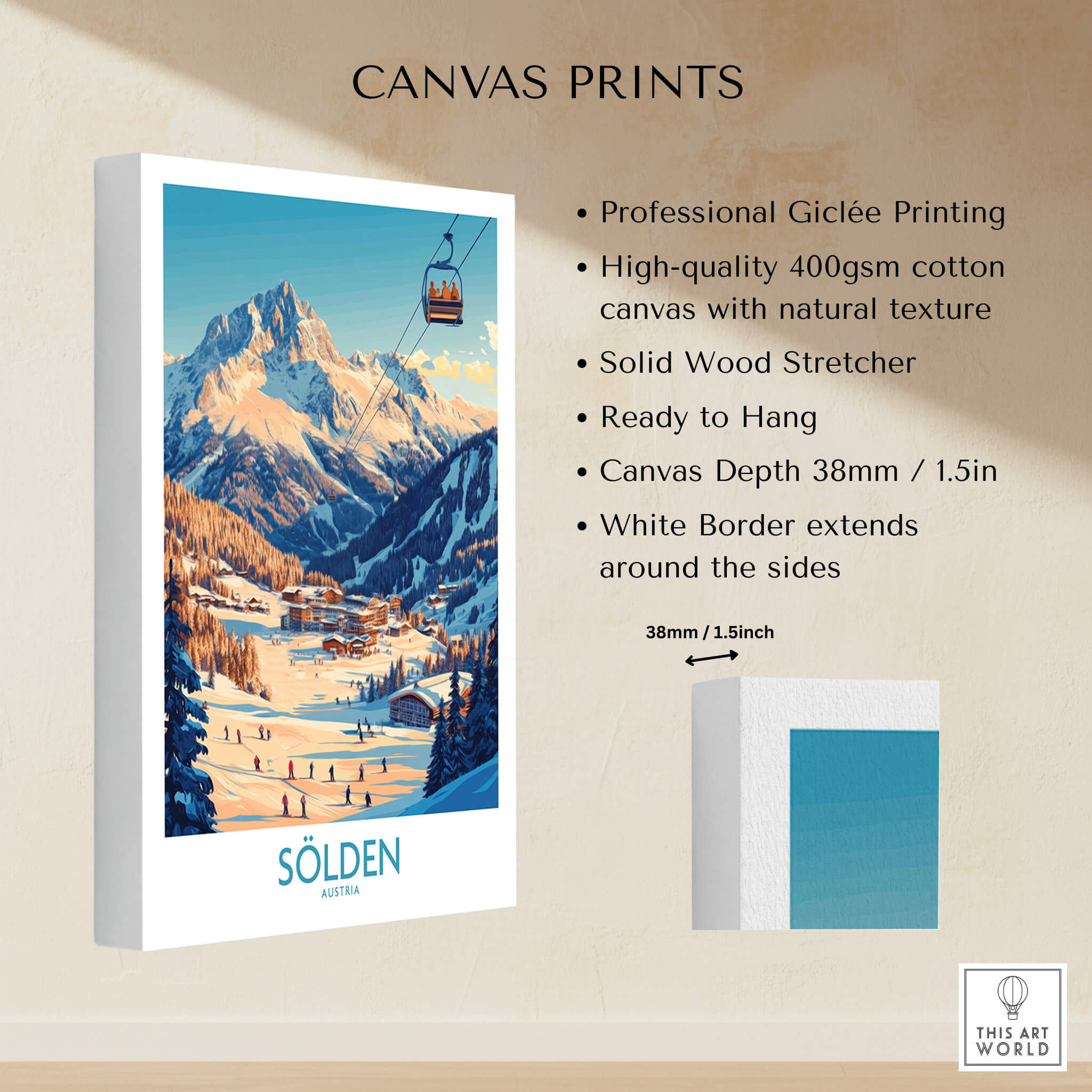 Sölden Ski Wall Art Poster showcasing professional Giclée printing on cotton canvas, ready to hang.