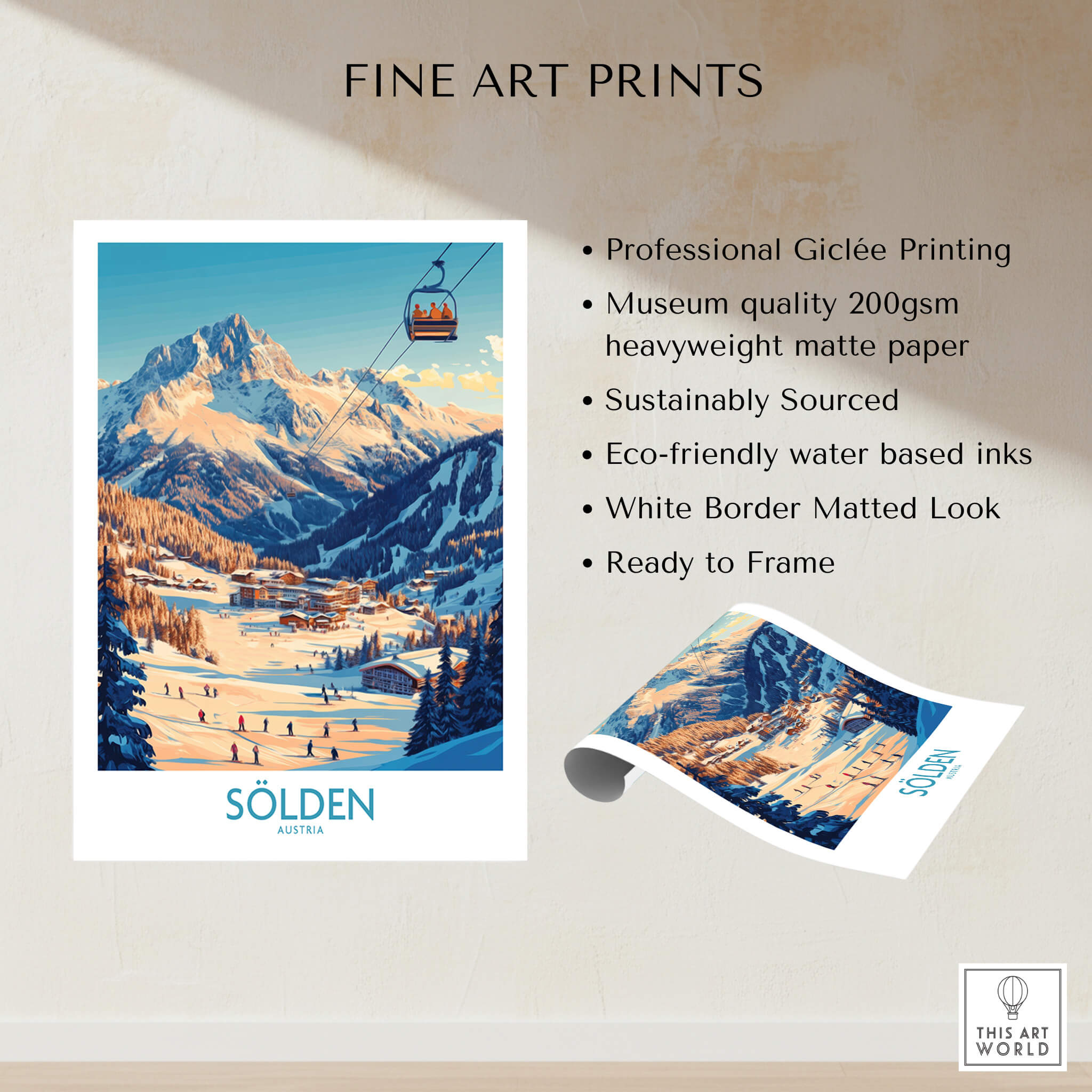 Sölden Ski Wall Art Poster showcasing stunning imagery of Austria's ski destination in professional giclée print.