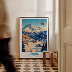 Sölden Ski Wall Art Poster displayed in a stylish interior, showcasing Austria's beautiful ski landscape.