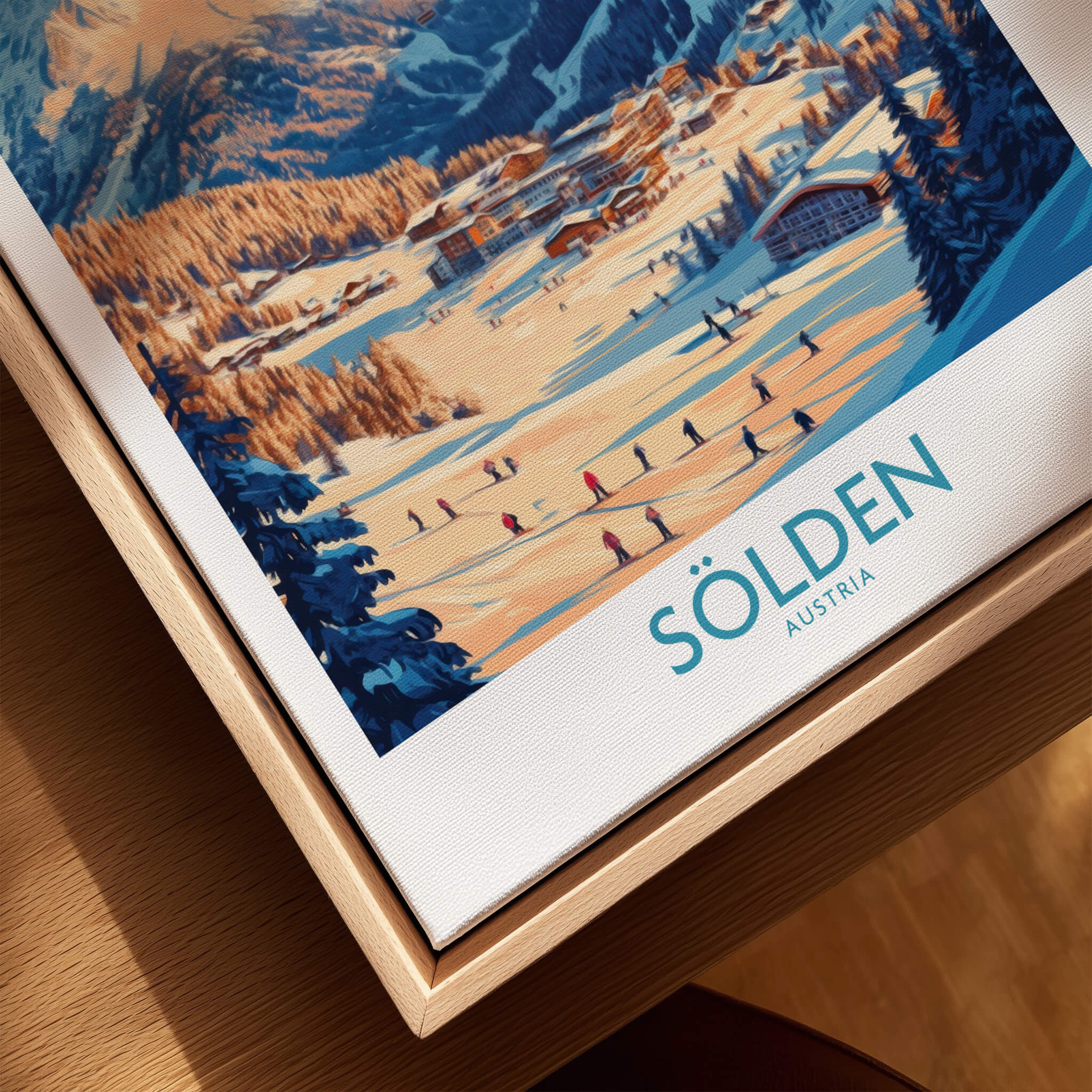 Sölden Ski Wall Art Poster showcasing stunning winter scenery in Austria with skiers on the slopes.