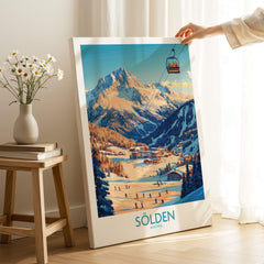 Sölden Ski Wall Art Poster featuring stunning imagery of Austria's ski destination with a chairlift and skiers.