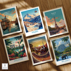 Sölden Ski Wall Art Poster displaying stunning alpine scenery among travel posters of Venice, Paris, Barcelona, Singapore, and Sri Lanka.