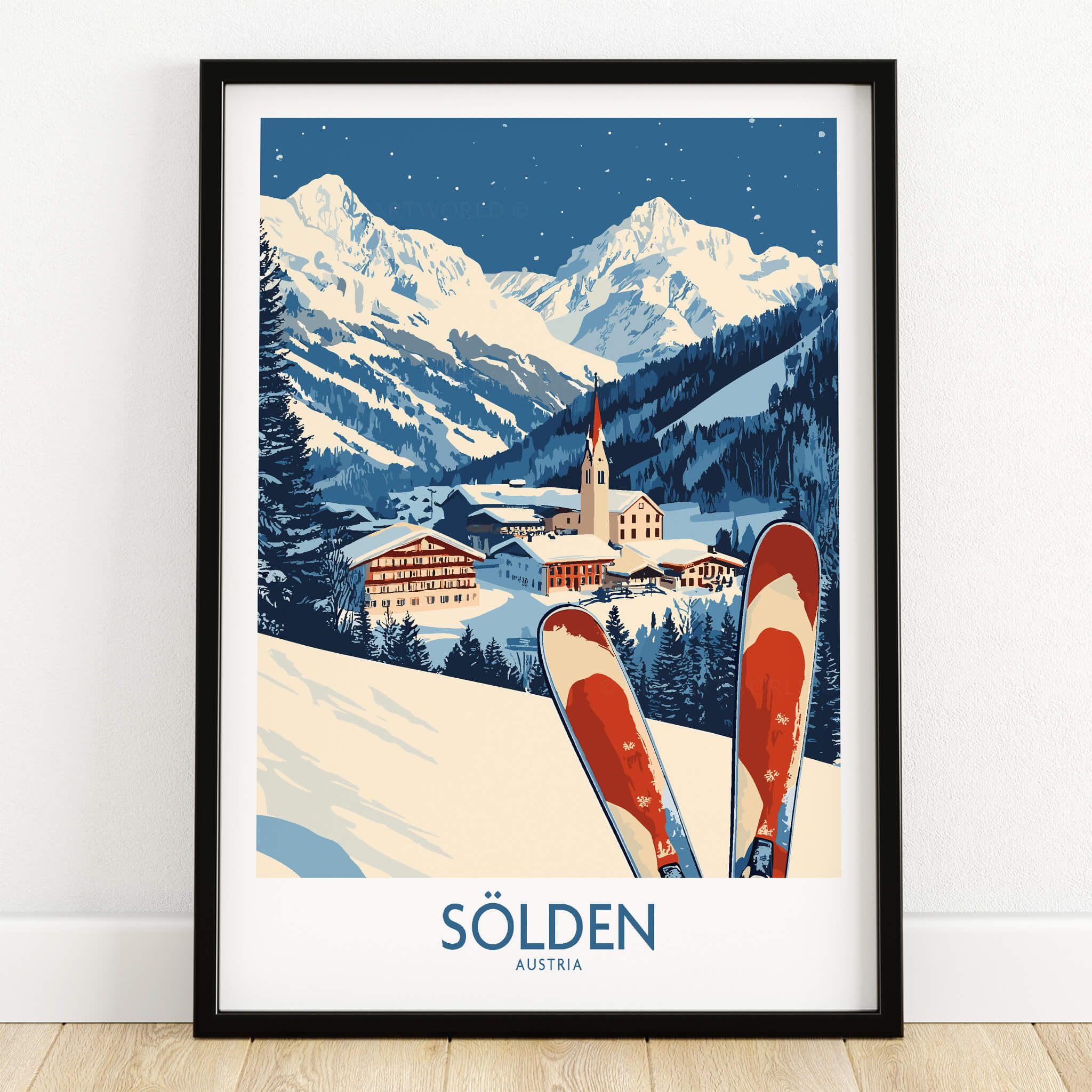 Ski Poster Sölden Austria showcasing vibrant slopes and stunning mountain views in a beautiful design.