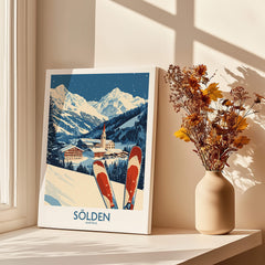 Ski Poster Sölden Austria showcasing snowy mountains and ski equipment in a cozy setting.