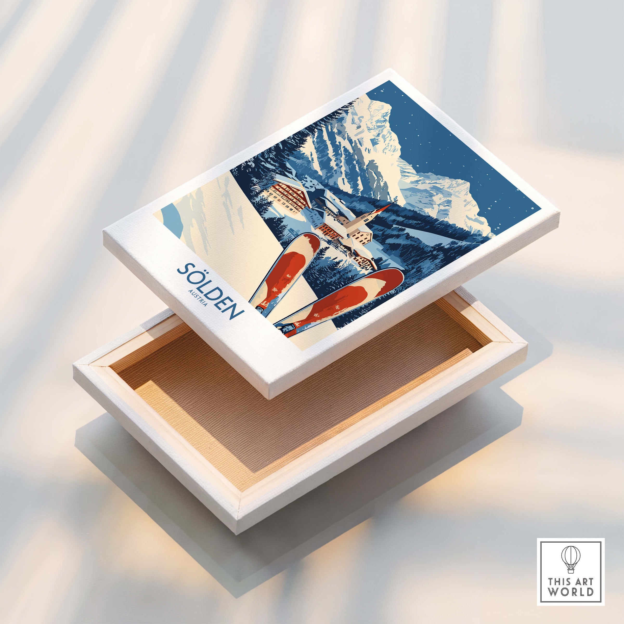 Ski Poster Sölden Austria featuring vibrant design and snowy mountain backdrop in a decorative box.
