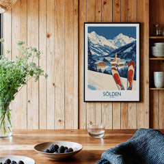Ski Poster Sölden Austria displayed in a cozy interior, showcasing vibrant ski imagery and mountain scenery.