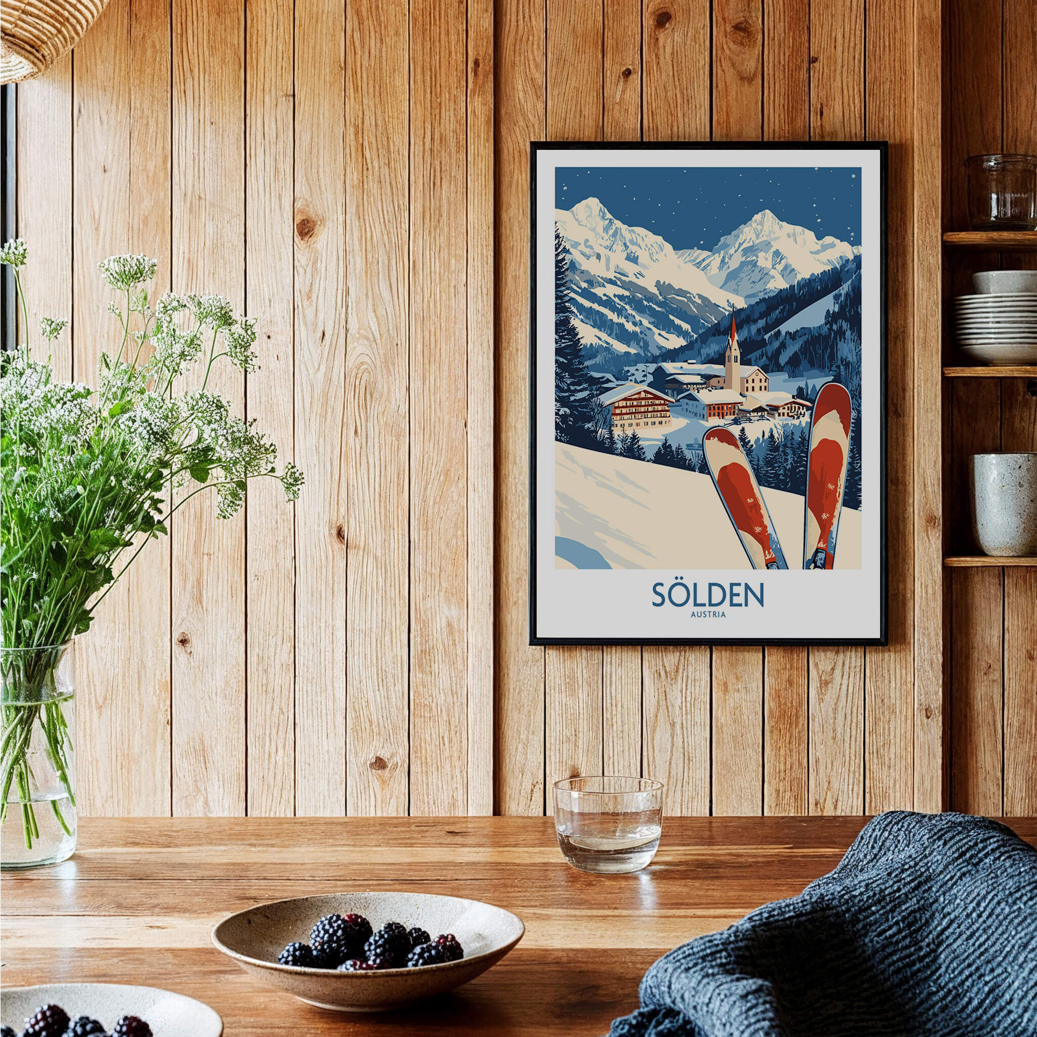 Ski Poster Sölden Austria displayed in a cozy interior, showcasing vibrant ski imagery and mountain scenery.
