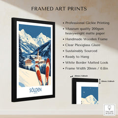 Ski Poster Sölden Austria framed art print showcasing snowy mountains and ski equipment.
