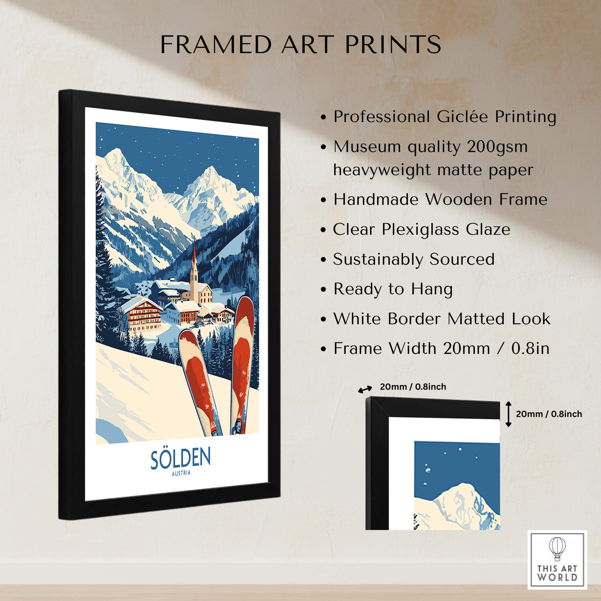 Ski Poster Sölden Austria framed art print showcasing snowy mountains and ski equipment.