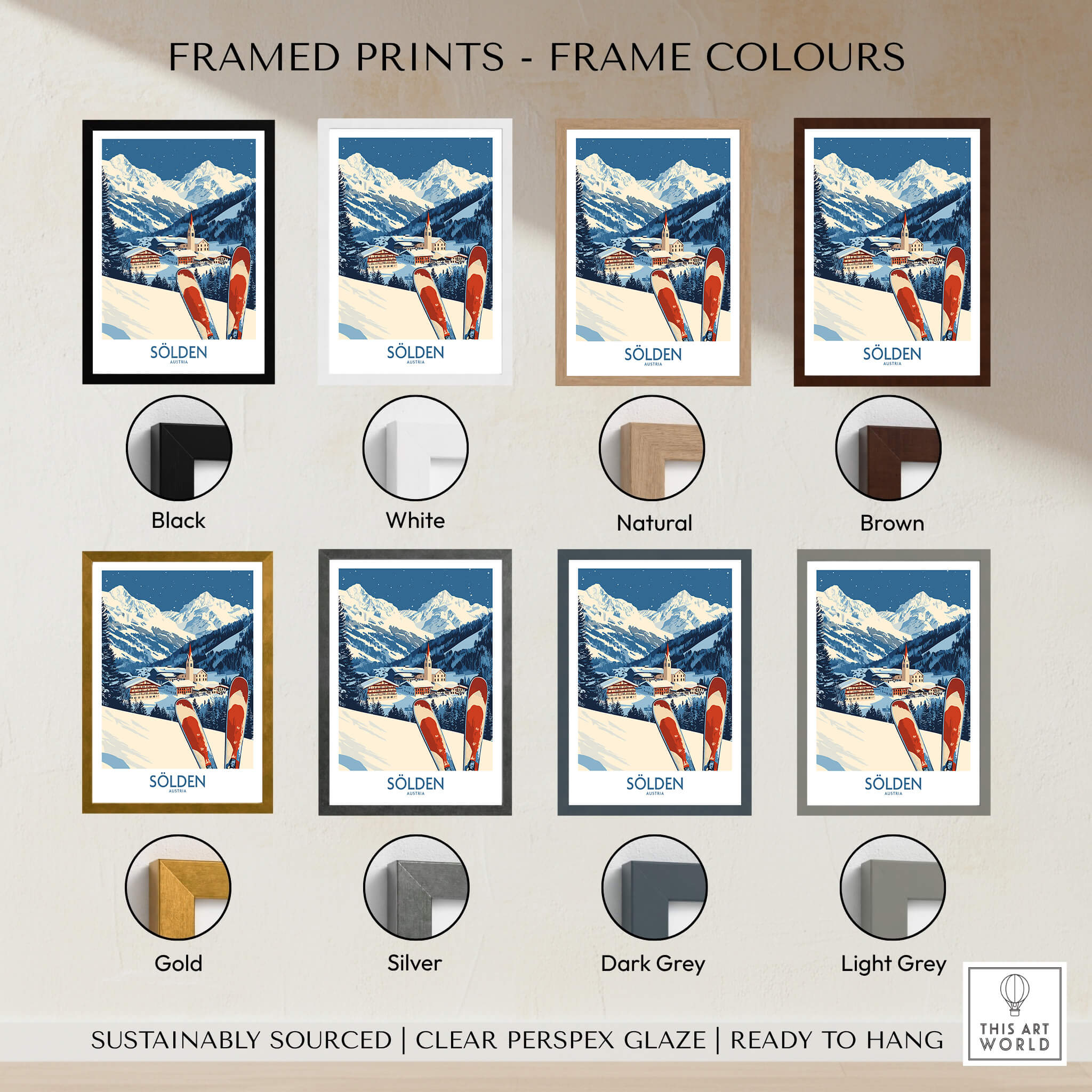Ski Poster Sölden Austria framed prints in various frame colors, showcasing vibrant skiing scene.