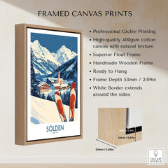 Ski Poster Sölden Austria framed print showcasing vibrant ski scene with natural wood frame.