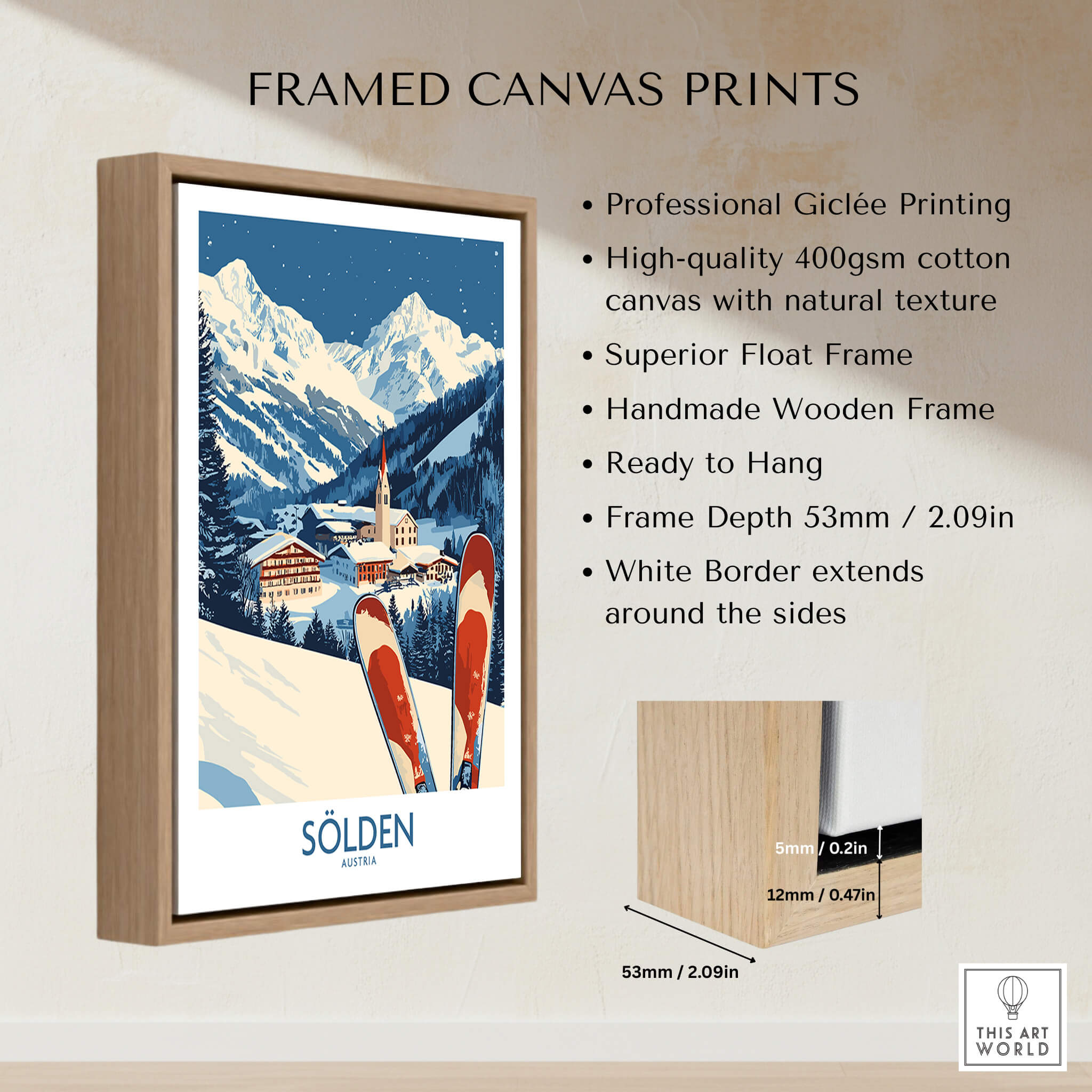 Ski Poster Sölden Austria framed print showcasing vibrant ski scene with natural wood frame.