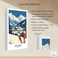 Ski Poster Sölden Austria showcasing professional Giclée printing on canvas with skiing theme.
