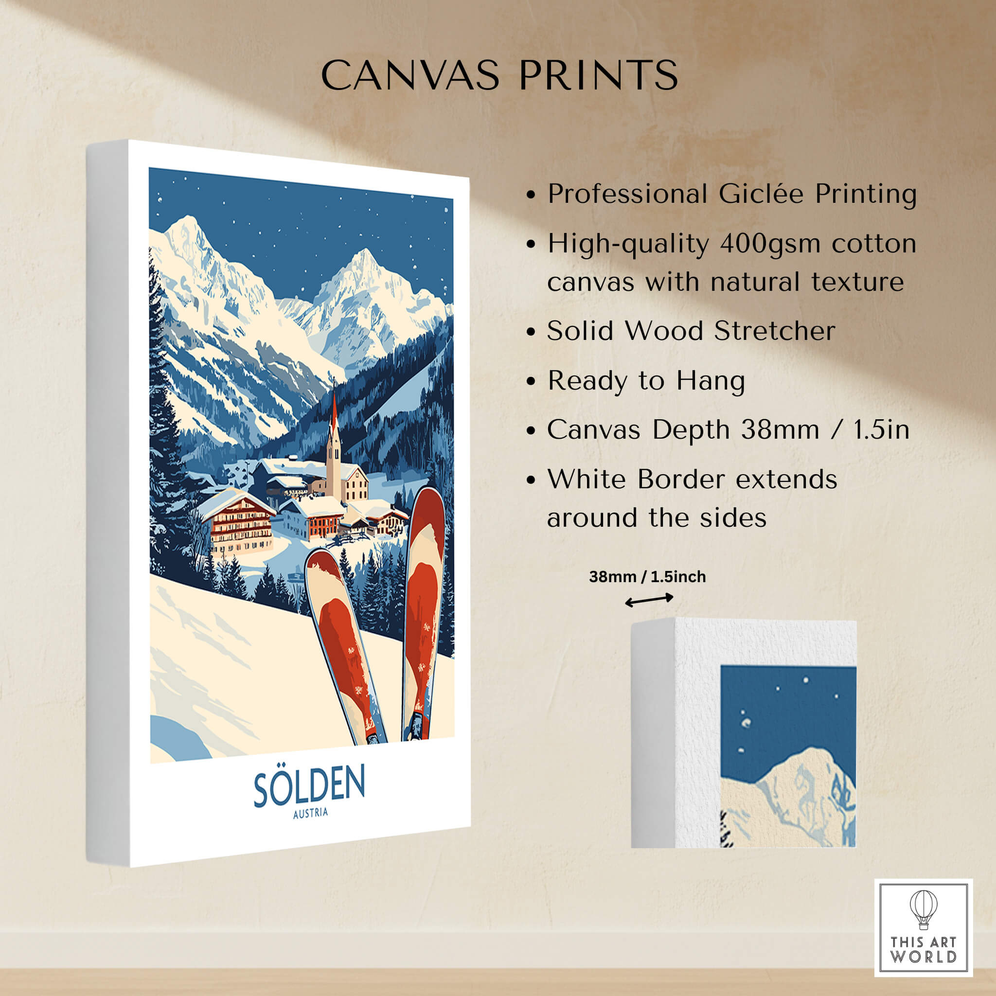 Ski Poster Sölden Austria showcasing professional Giclée printing on canvas with skiing theme.