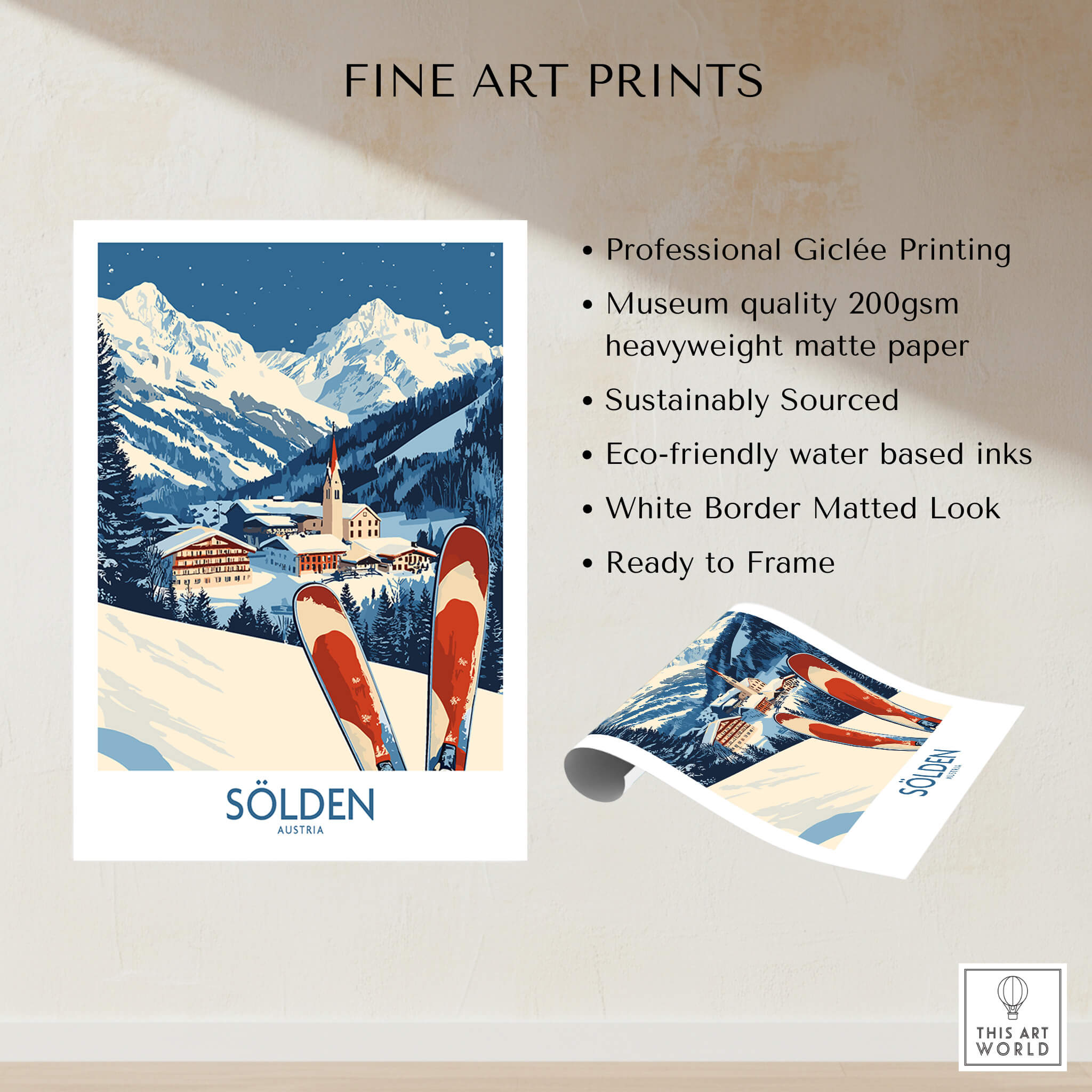 Ski Poster Sölden Austria featuring vibrant colors and snowy slopes, perfect for any ski enthusiast.