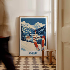 Ski Poster Sölden Austria displayed in a stylish interior, capturing the beauty of Sölden's snowy landscape.