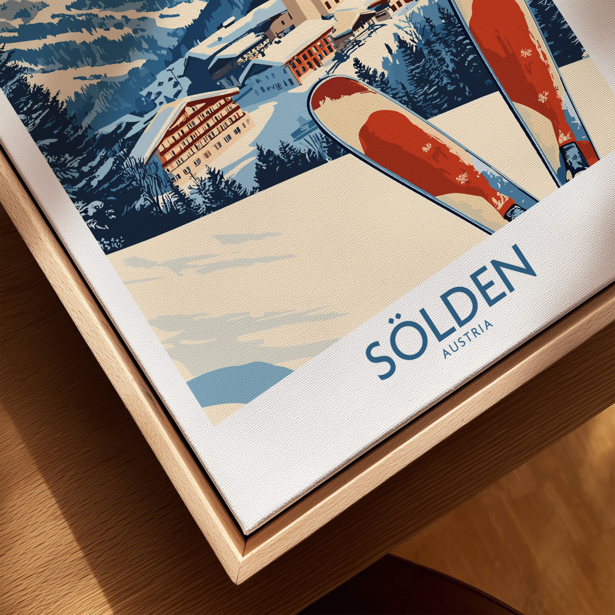 Ski Poster Sölden Austria featuring vibrant skiing design and snowy landscape, perfect for ski enthusiasts.