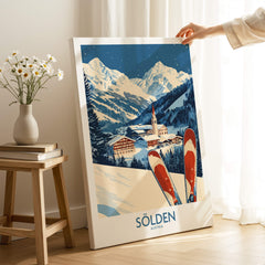 Ski Poster Sölden Austria showcasing vibrant ski slopes and stunning mountain scenery in a cozy home setting.
