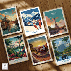 Collection of travel posters featuring Sölden Austria, Venice, Paris, Singapore, Barcelona, and Sri Lanka.