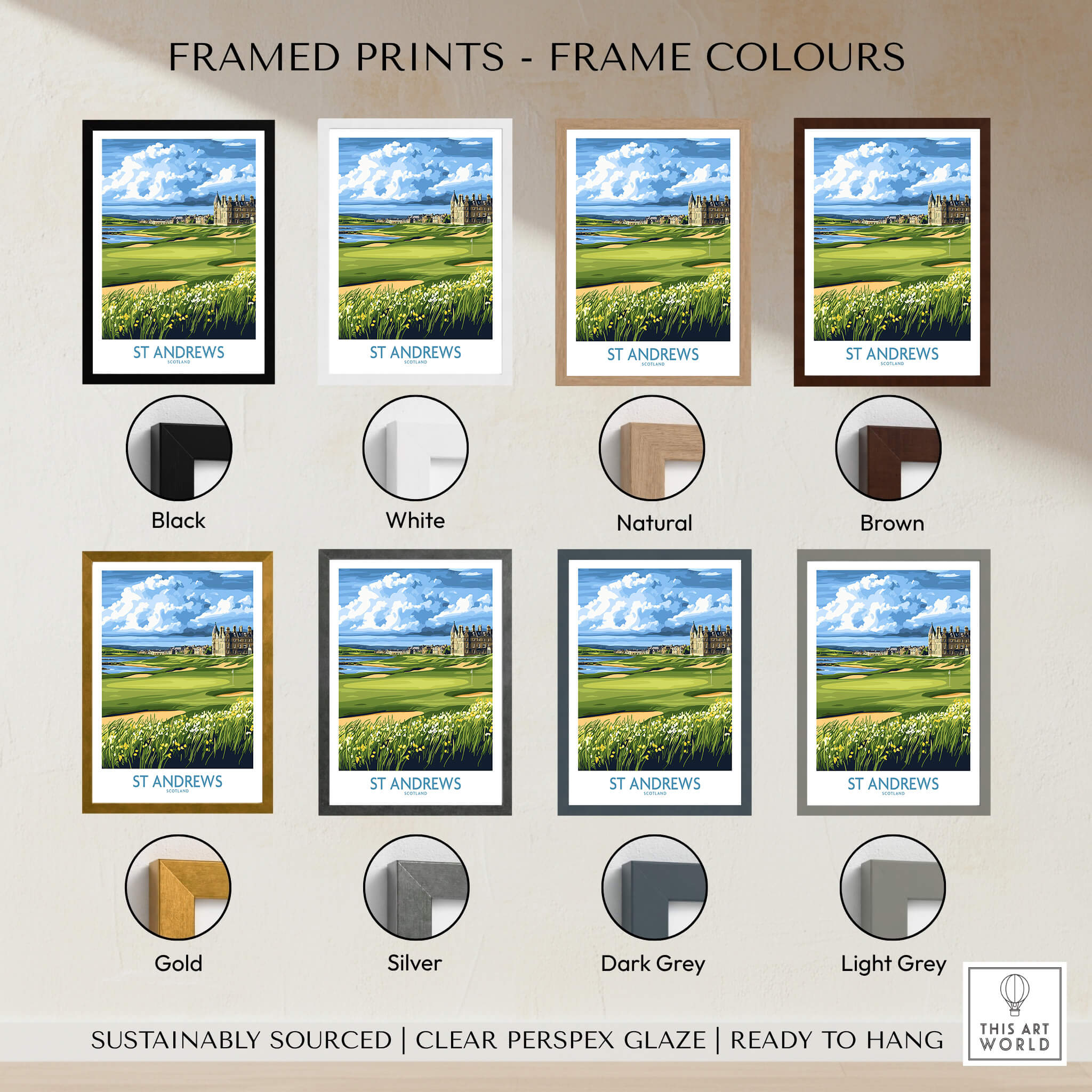 St Andrews Scotland Links Course Wall Art - Historic Golf Destination framed print options in various colors.
