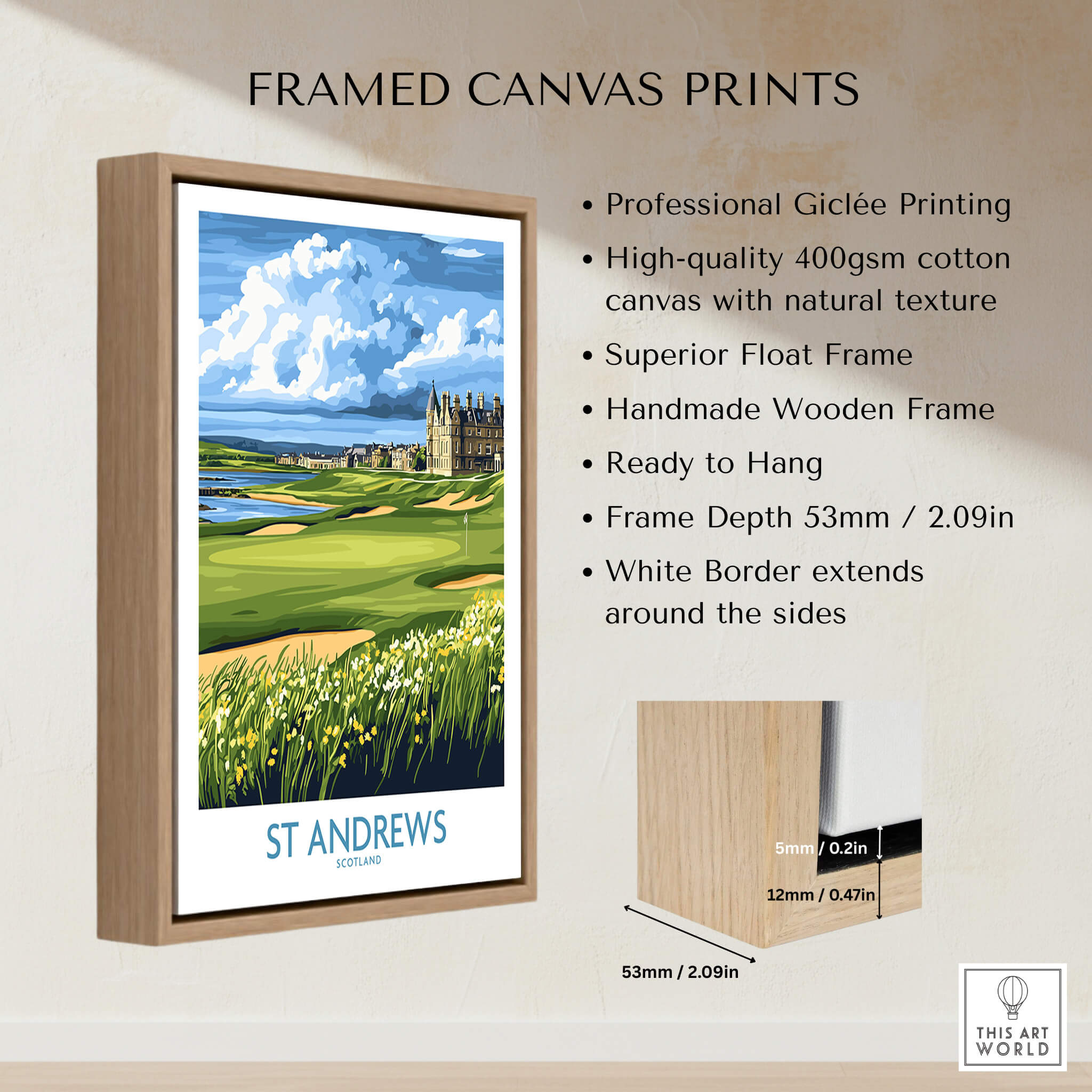 St Andrews Scotland Links Course Wall Art - Historic Golf Destination framed canvas print showcasing stunning golf landscape.