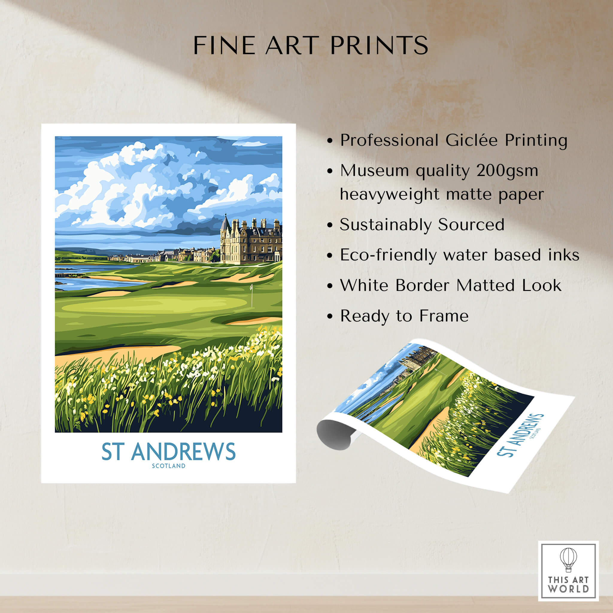 St Andrews Scotland Links Course Wall Art - Historic Golf Destination showcasing professional Giclée printing and vibrant colors.