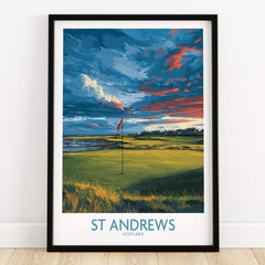St Andrews Poster Scotland Golf Fairway Wall Art featuring a beautiful golf course and dramatic sky.
