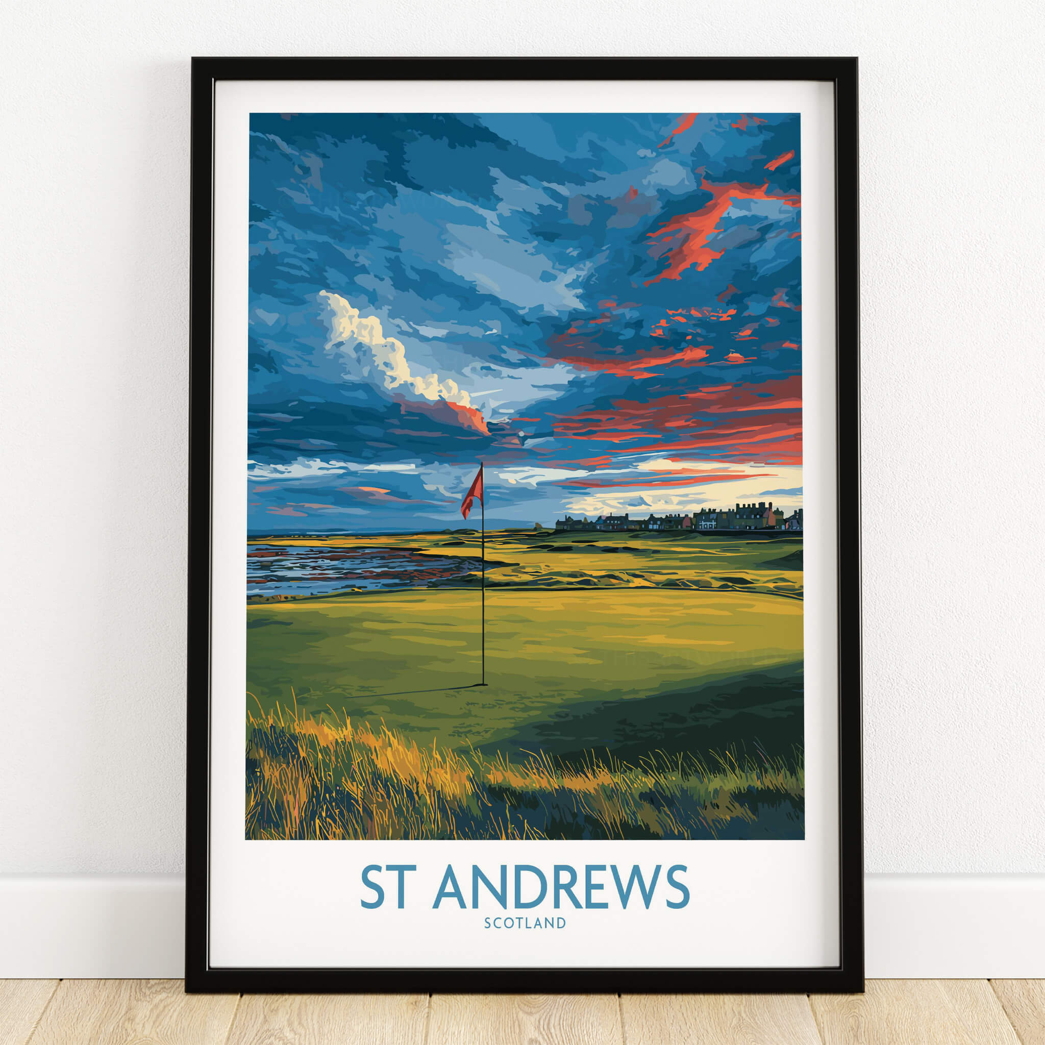 St Andrews Poster Scotland Golf Fairway Wall Art featuring a beautiful golf course and dramatic sky.