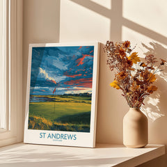 St Andrews Poster Scotland Golf Fairway Wall Art featuring a vibrant golf scene with dramatic sky details.