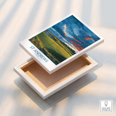 St Andrews Poster Scotland Golf Fairway Wall Art displayed on a box highlighting the iconic golf fairways of St Andrews.