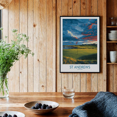 St Andrews Poster Scotland Golf Fairway Wall Art displayed in a cozy interior with wooden decor.