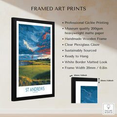 St Andrews Poster Scotland Golf Fairway Wall Art featuring framed giclée print, showcasing iconic golf course and vibrant scenery.