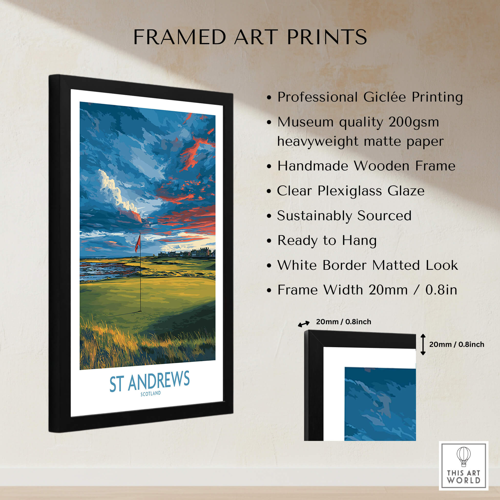 St Andrews Poster Scotland Golf Fairway Wall Art featuring framed giclée print, showcasing iconic golf course and vibrant scenery.