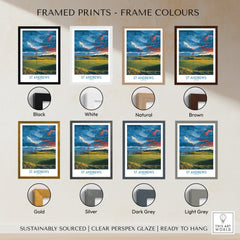 St Andrews Poster Scotland Golf Fairway Wall Art framed print options in various colors including black, white, brown, gold, and silver.