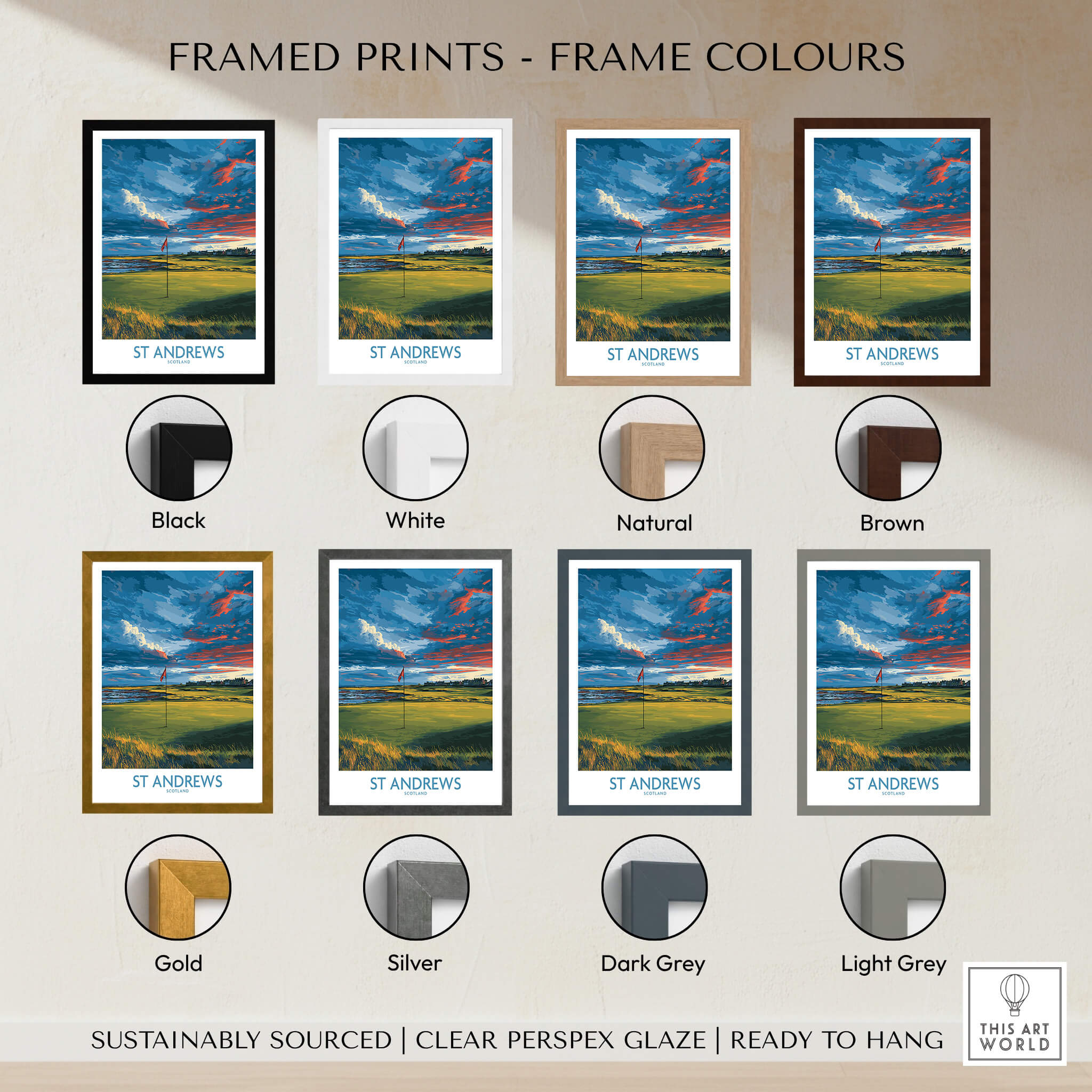 St Andrews Poster Scotland Golf Fairway Wall Art framed print options in various colors including black, white, brown, gold, and silver.